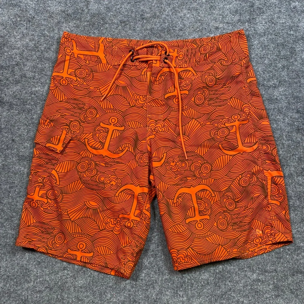 The North Face Mens Orange Anchor Wave Print Board Shorts‎ Swim Trunks Size 36